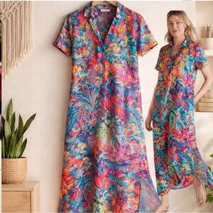 SOFT SURROUNDINGS Florence Tropical Embroidered Boho Maxi Shirt Dress LARGE